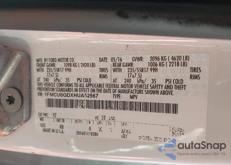 2017 Ford Escape Se z USA, uszkodzony, nr VIN 1FMCU0GDXHUA52567